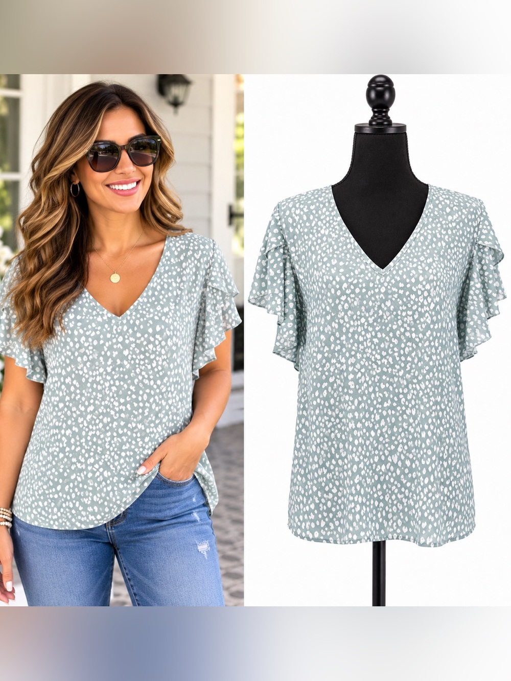 Light Green with White Speck Design Flutter Sleeve Blouse Size Large Cottagecore